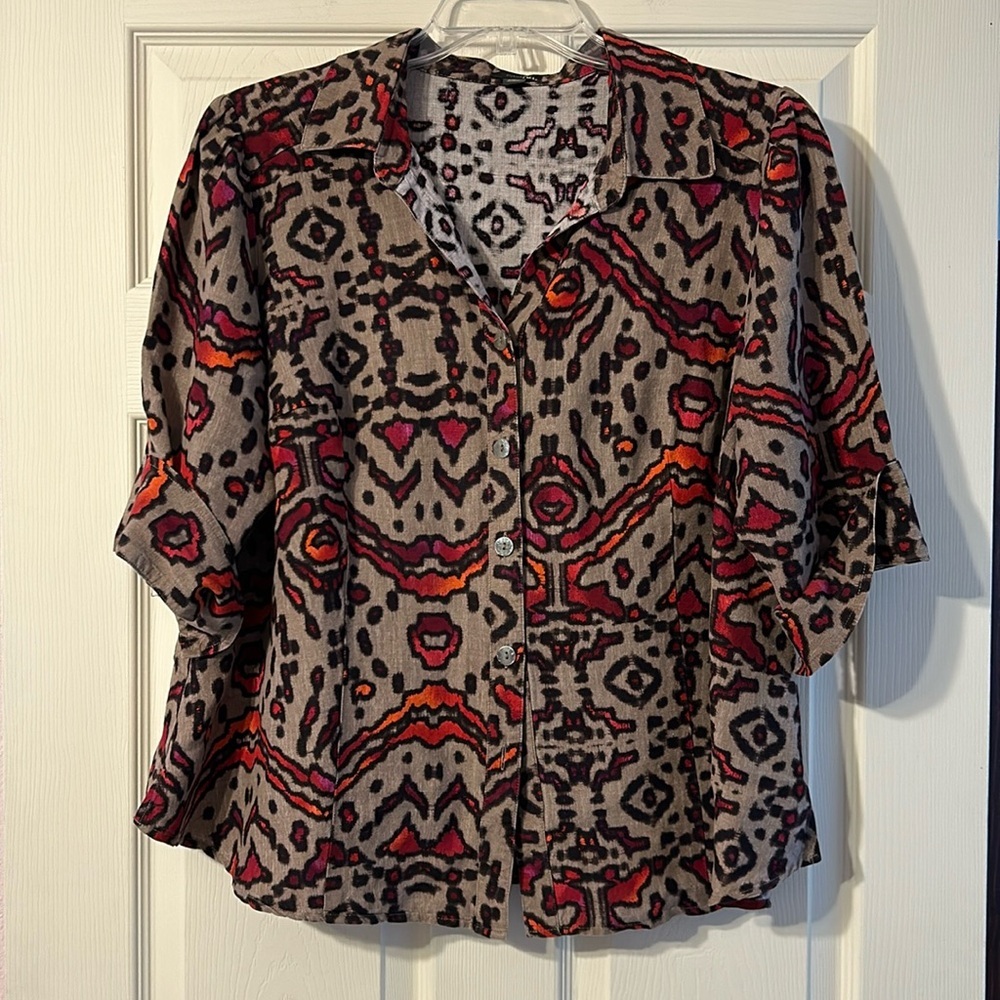 East 5th Button Down Blouse Brown Leopard Aztec 3/4 Sleeve 1X